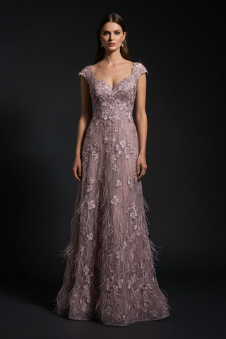 Cap Sleeves, A-line Dress with Feathers - Glamourous Grace