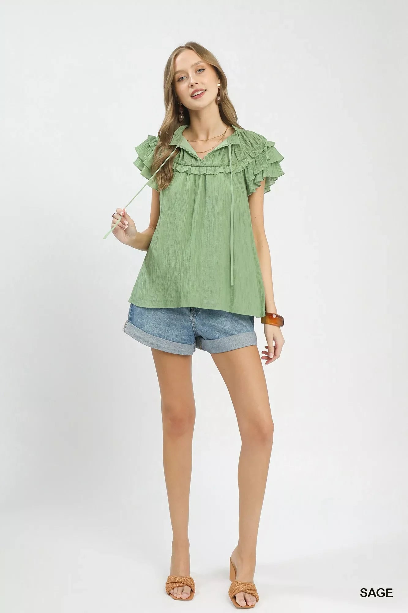 Umgee Ruffled Flutter Sleeve Textured Blouse - Glamourous Grace