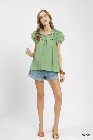 Umgee Ruffled Flutter Sleeve Textured Blouse - Glamourous Grace