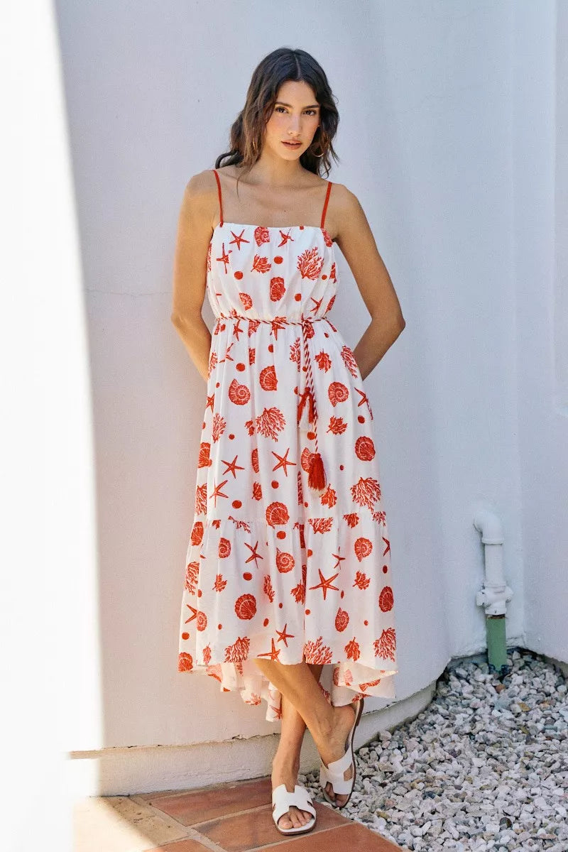 SO ME Shell Print Tiered Lined Midi Cami Dress With Belt - Glamourous Grace