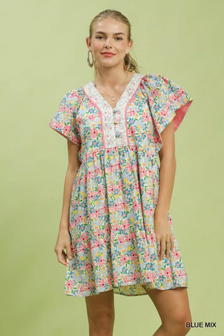 Umgee Mix Floral Tiered Mini Dress with Side Pockets - Glamourous Grace