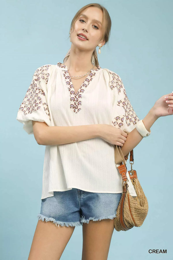 Umgee Embroidered Sleeve Contrast Trim Top - Glamourous Grace