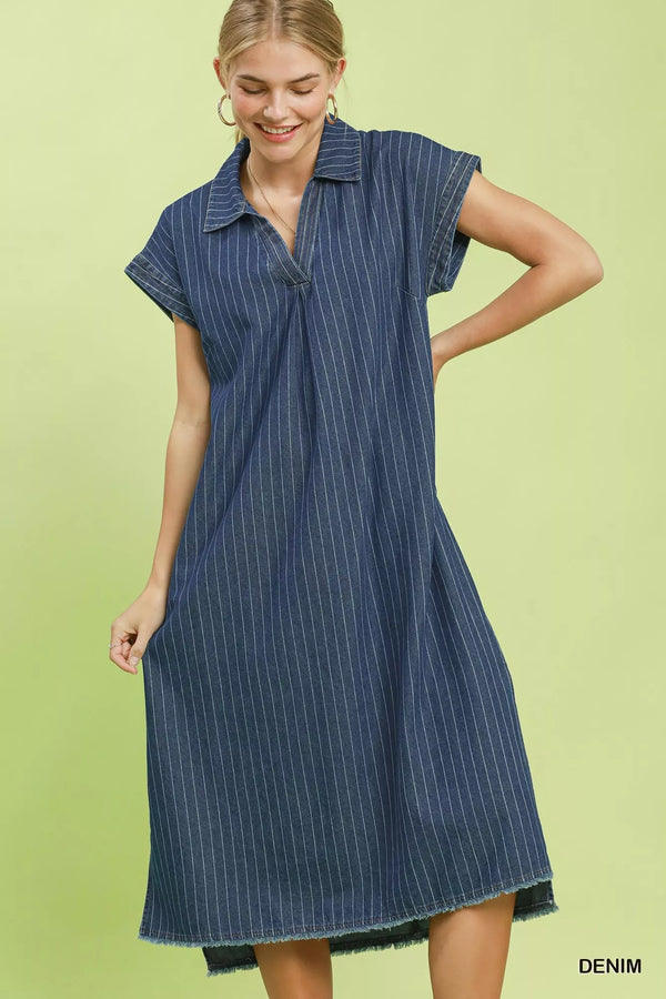 Umgee Pinstripe Denim Collared Midi Dress with Side Slits - Glamourous Grace