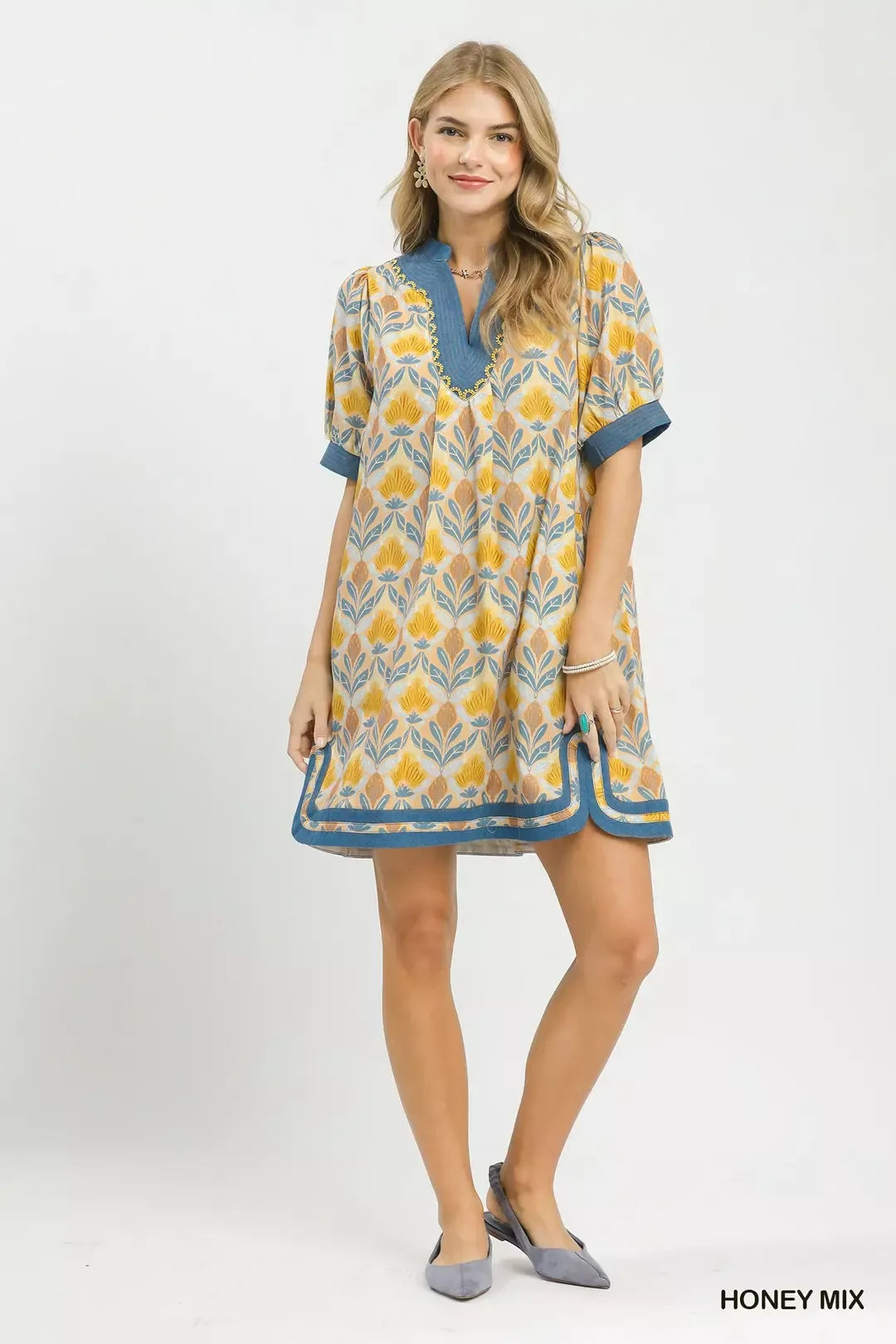 Umgee Mix Tile Print Mini Dress in Honey Mix - Glamourous Grace