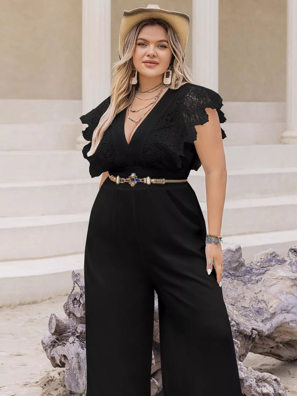 Plus Size Lace Cap Sleeve Wide Leg Jumpsuit - Glamourous Grace