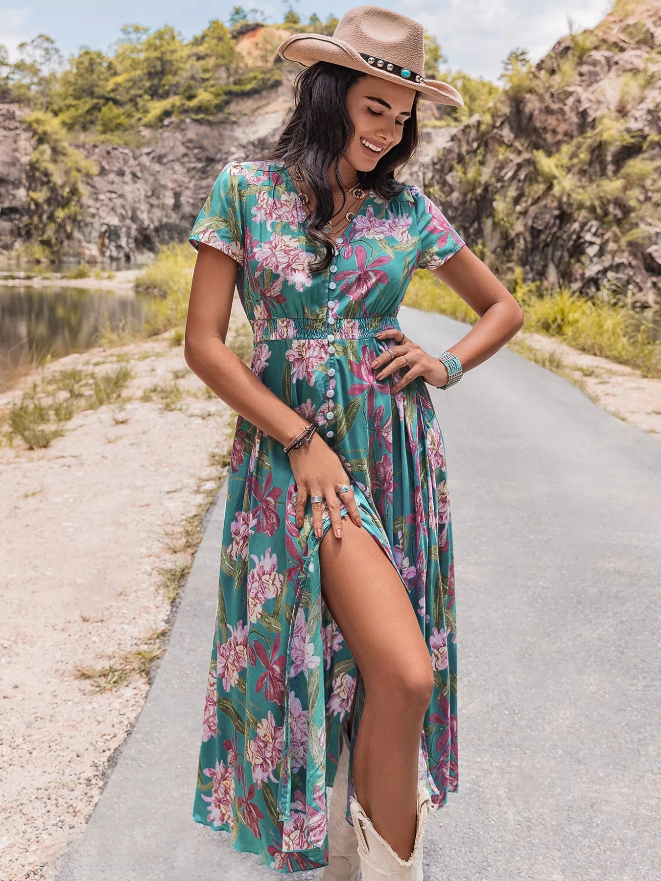 Floral Print Short Sleeve Dress - Glamourous Grace