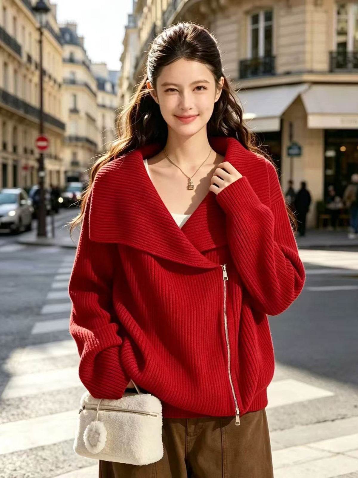 Women's Lapel Double-Zipper Knit Cardigan, New Arrival For Autumn And Winter, Loose Casual Lazy-Style Sweater Coat For Women