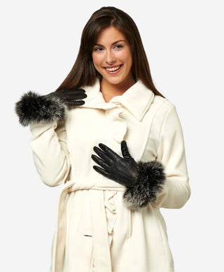 CC4066 (black) - Women’s Italian fox fur cuff cashmere lined leather gloves - Glamourous Grace