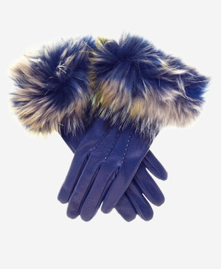 CC4066 (blue) - Women’s Italian fox fur cuff cashmere lined leather gloves - Glamourous Grace