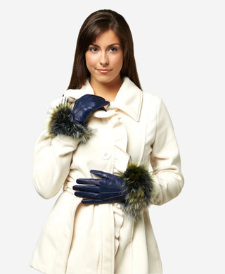 CC4066 (blue) - Women’s Italian fox fur cuff cashmere lined leather gloves - Glamourous Grace