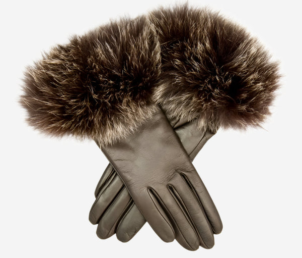 CC4066 (brown) - Women’s Italian fox fur cuff cashmere lined leather gloves - Glamourous Grace