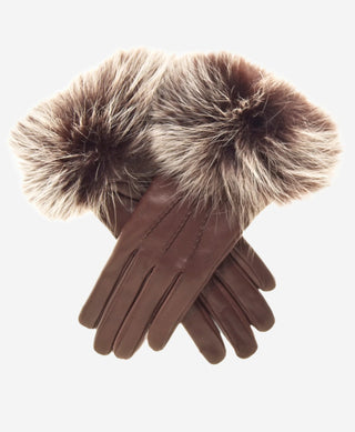 CC4066 (brown) - Women’s Italian fox fur cuff cashmere lined leather gloves - Glamourous Grace