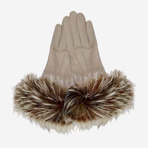 CC4066 (taupe) - Women’s Italian fox fur cuff cashmere lined leather gloves - Glamourous Grace