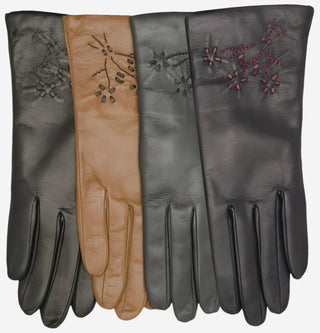 CC4101 (navy) - Women’s Italian cashmere lined leather gloves with floral accents - Glamourous Grace