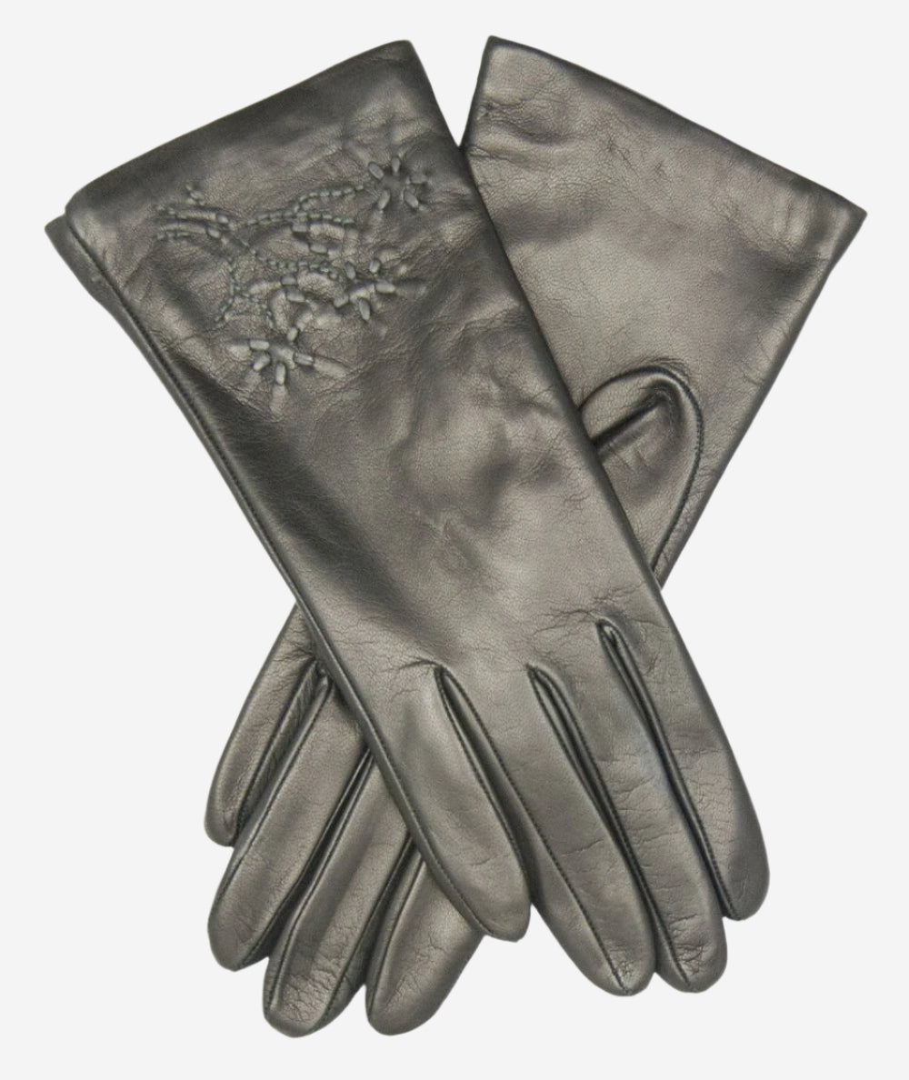 CC4101 (black) - Women’s Italian cashmere lined leather gloves with floral accents - Glamourous Grace