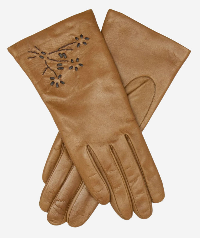 CC4101 (brown) - Women’s Italian cashmere lined leather gloves with floral accents - Glamourous Grace