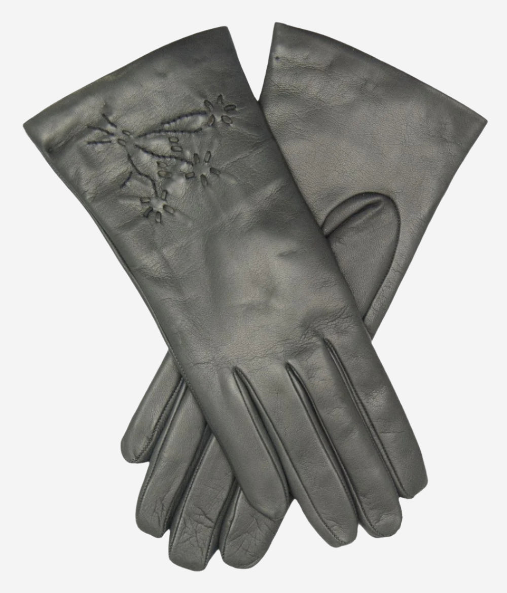 CC4101 (charcoal) - Women’s Italian cashmere lined leather gloves with floral accents - Glamourous Grace
