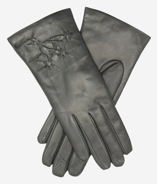 CC4101 (charcoal) - Women’s Italian cashmere lined leather gloves with floral accents - Glamourous Grace
