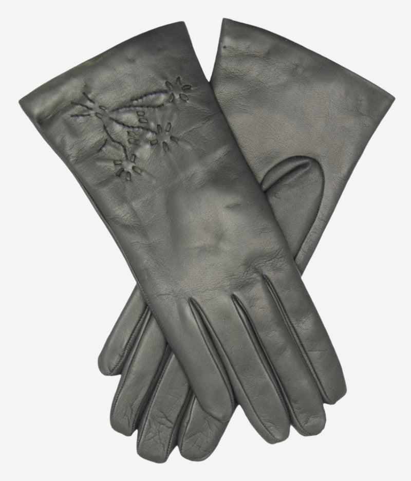 CC4101 (charcoal) - Women’s Italian cashmere lined leather gloves with floral accents - Glamourous Grace
