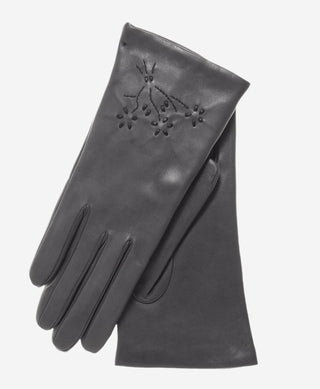 CC4101 (charcoal) - Women’s Italian cashmere lined leather gloves with floral accents - Glamourous Grace