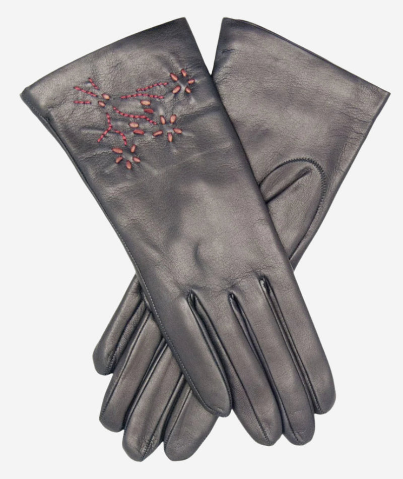 CC4101 (navy) - Women’s Italian cashmere lined leather gloves with floral accents - Glamourous Grace