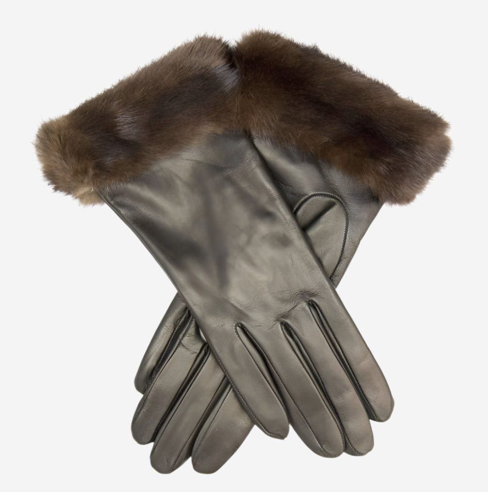 CC4127 (black) - Women’s Italian cashmere lined 4-button length leather gloves with mink cuff - Glamourous Grace