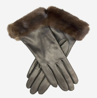 CC4127 (black) - Women’s Italian cashmere lined 4-button length leather gloves with mink cuff - Glamourous Grace