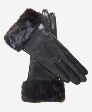 CC4127 (black) - Women’s Italian cashmere lined 4-button length leather gloves with mink cuff - Glamourous Grace