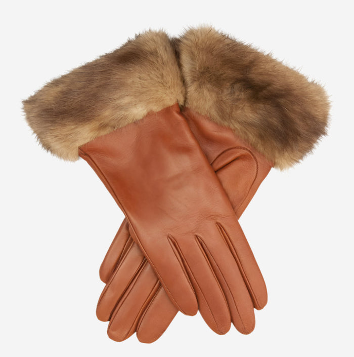 CC4127 (brown) - Women’s Italian cashmere lined 4-button length leather gloves with mink cuff - Glamourous Grace