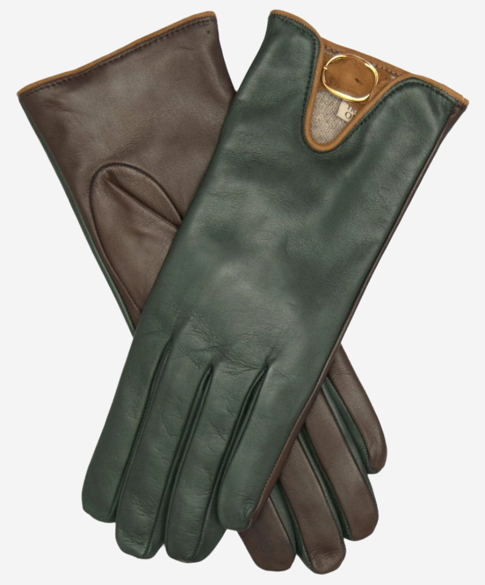 CC4160 (forest/brown) - Women’s Italian cashmere lined leather gloves with buckle - Glamourous Grace