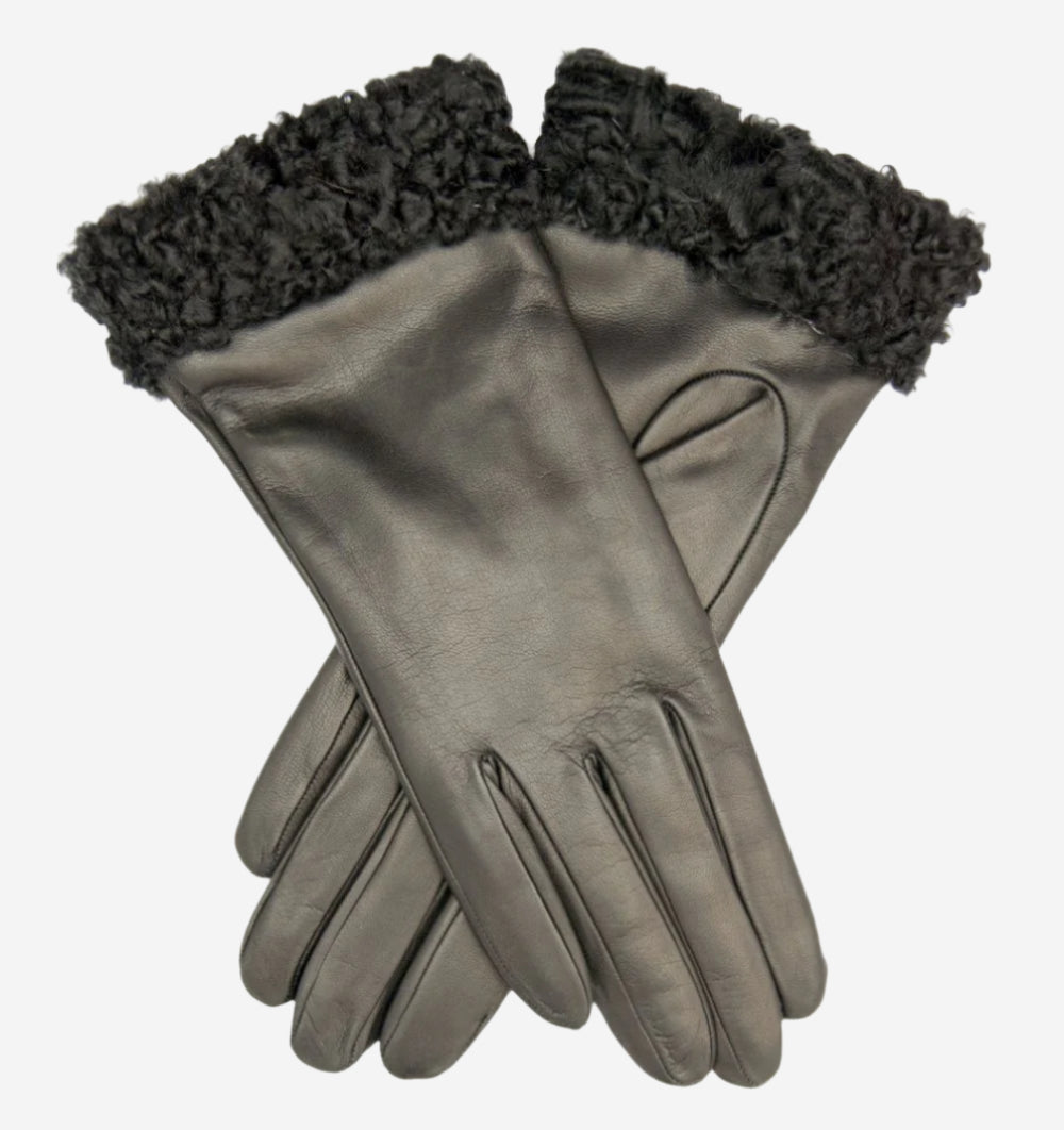 CC4172 (black) - Women’s Italian cashmere lined leather gloves with Persian lamb cuffs - Glamourous Grace