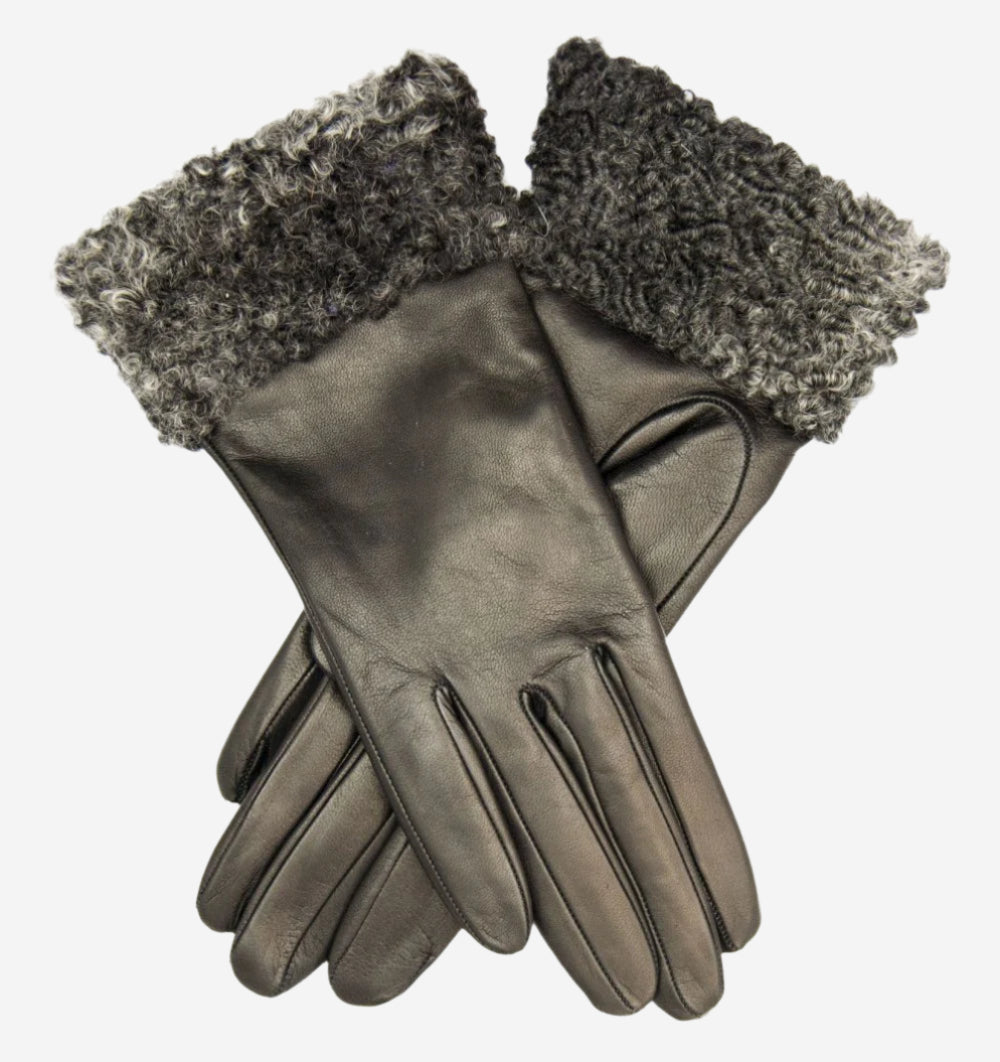 CC4172 (black/silver) - Women’s Italian cashmere lined leather gloves with Persian lamb cuffs - Glamourous Grace