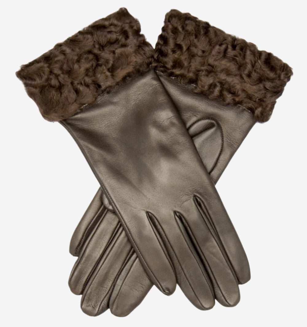 CC4172 (brown) - Women’s Italian cashmere lined leather gloves with Persian lamb cuffs - Glamourous Grace