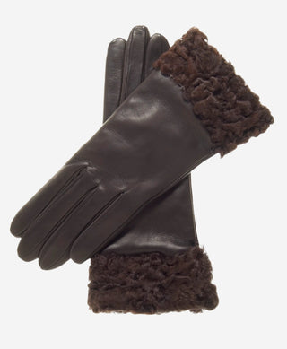 CC4172 (brown) - Women’s Italian cashmere lined leather gloves with Persian lamb cuffs - Glamourous Grace