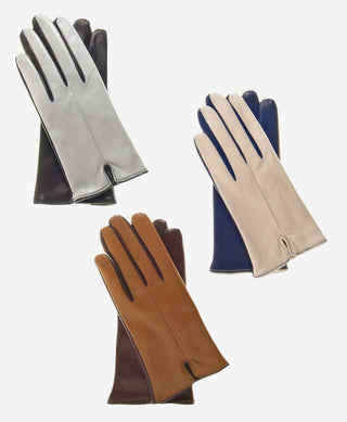 CC4313 (beige/blue) - Women’s two-tone Italian cashmere lined leather gloves - Glamourous Grace
