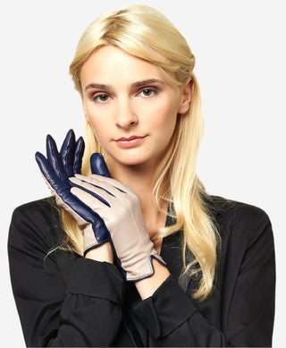 CC4313 (beige/blue) - Women’s two-tone Italian cashmere lined leather gloves - Glamourous Grace