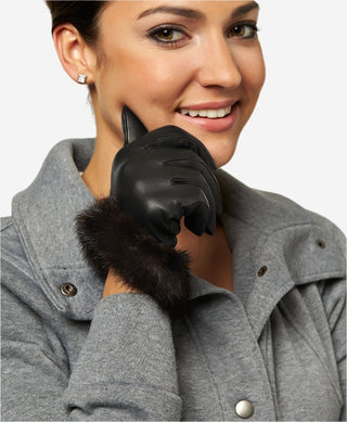 CC4327 (black) - Women’s Italian lambskin winter gloves cashmere lined with rabbit fur cuff - Glamourous Grace