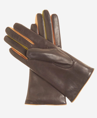CC4585 (camel) - Women’s Italian cashmere lined lambskin gloves with colorful fourchettes - Glamourous Grace