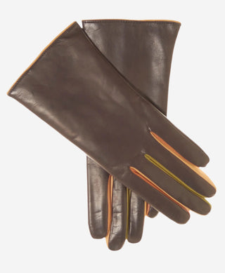 CC4585 (camel) - Women’s Italian cashmere lined lambskin gloves with colorful fourchettes - Glamourous Grace
