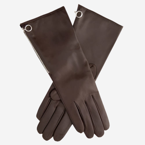 CC4879W8 (brown) - Elbow length Italian cashmere lined gloves with side zpper - Glamourous Grace