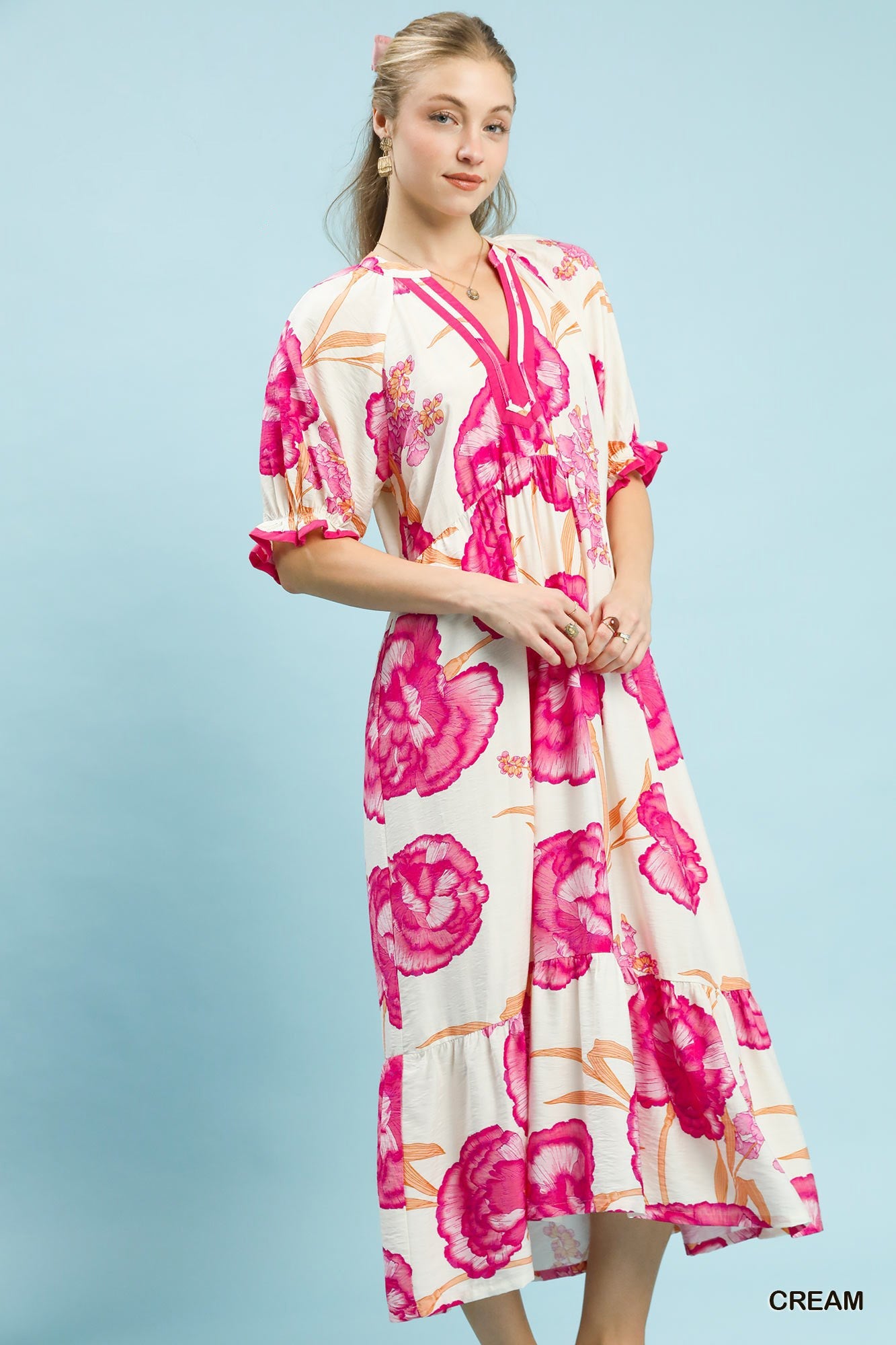 Umgee Floral Print Midi Dress with Contrast Trim - Glamourous Grace