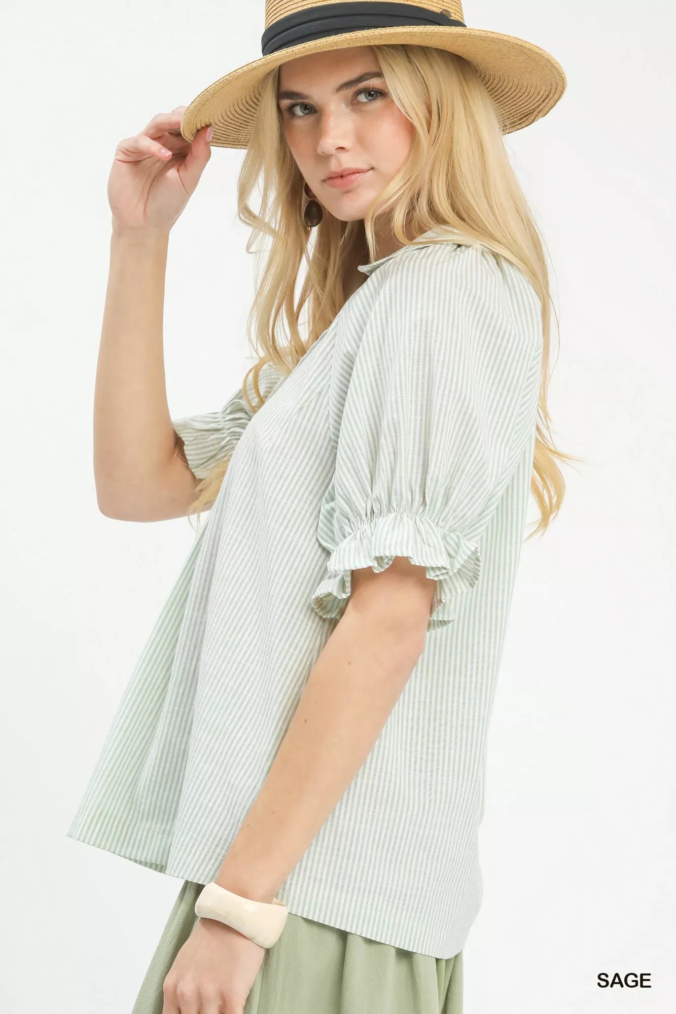 Umgee Pinstripe V-Neck Ruffle Sleeve Blouse - Glamourous Grace