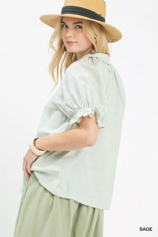 Umgee Pinstripe V-Neck Ruffle Sleeve Blouse - Glamourous Grace