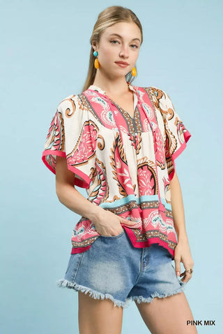 Umgee Mix Paisley Border Print Tassel Top - Glamourous Grace