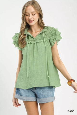Umgee Ruffled Flutter Sleeve Textured Blouse - Glamourous Grace