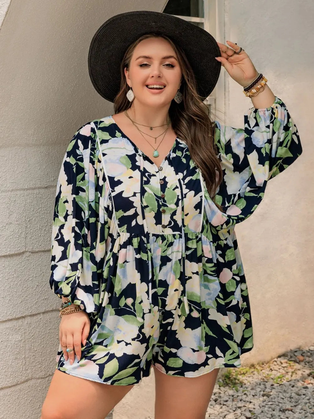 Plus Size Tied Printed Long Sleeve Romper - Glamourous Grace