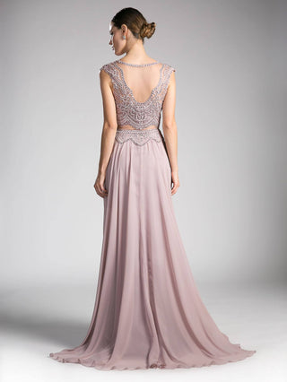 Cinderella Divine CD0113 Illusion Beaded Formal Gown Cap Sleeves