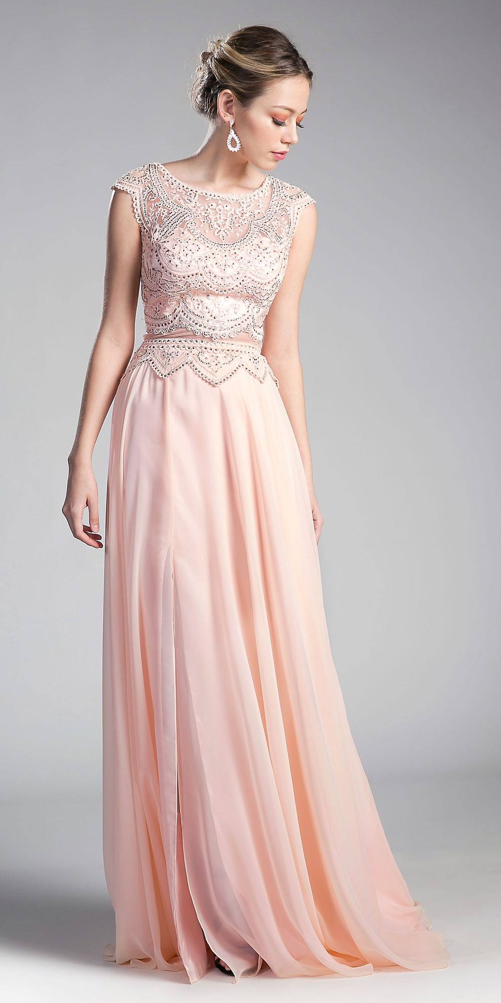 Cinderella Divine CD0113 Illusion Beaded Formal Gown Cap Sleeves - Glamourous Grace