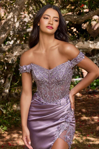 Cinderella Divine CD0186 Long Floral Off the Shoulder Gown with Slit