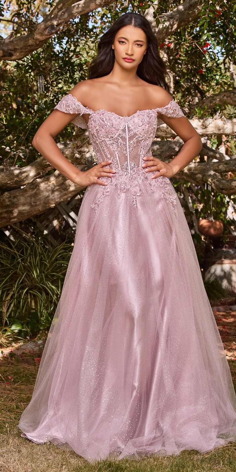 Cinderella Divine CD0198 Long Lace A-Line Gown with Off the Shoulder Sleeves - Glamourous Grace